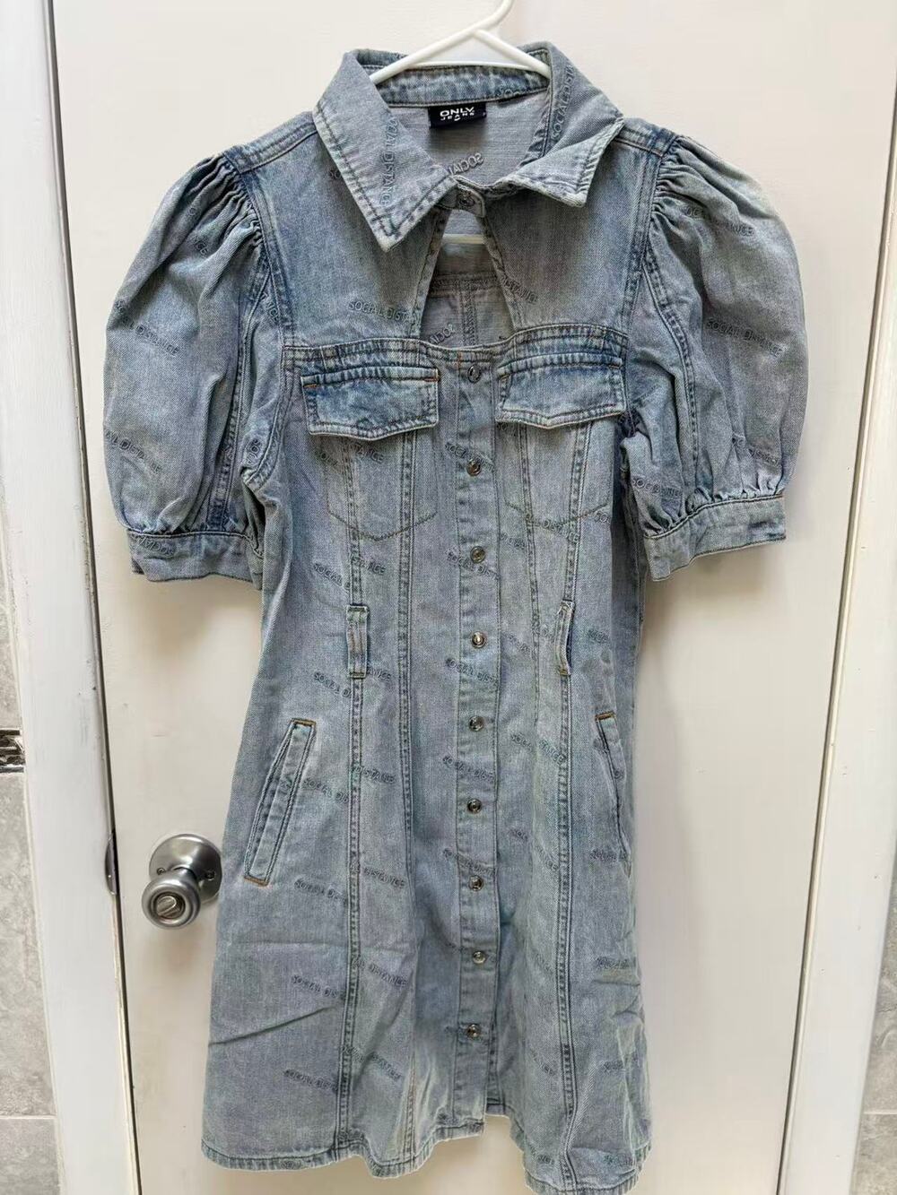 Women Cotton Puff Sleeve Denim Monogram Print Button Up Mini Dress Retro XS